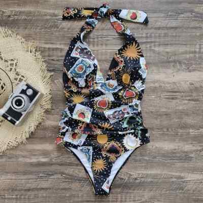 Private label swimwear print black halter strap bikini sexy backless one piece