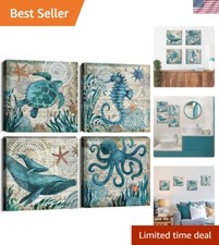 Elegant 4-Piece Ocean Life Canvas Art with Turtles and Octopus - Bathroom Decor