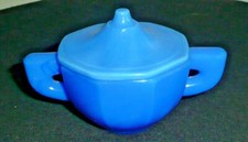 Akro Agate Large Octagonal Open Handle Dark Blue Sugar W/ Medium Blue Lid