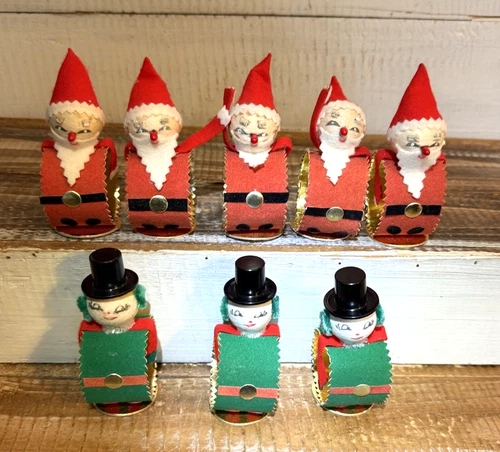 Set of 8 Vintage Dexters Felt Christmas Napkin Rings Snowmen Santa Japan