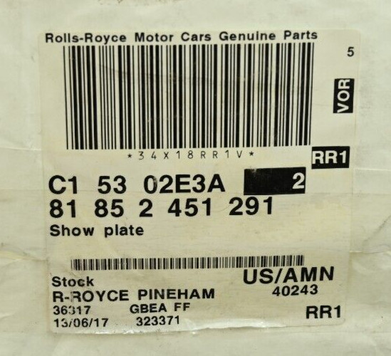 Genuine OEM Rolls-Royce BMW Show Plate P/N 81852451291