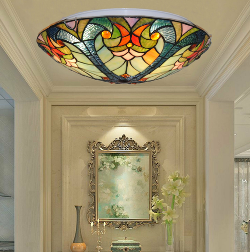 Tiffany Hand-Made Stained Glass Chandelier Retro Flush Mount Ceiling Lighting - Picture 5 of 16