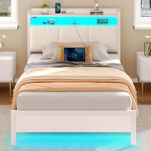 Bed Frame Size with Charging Station and LED Lights, Twin White No Drawer-image