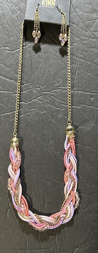 Collana stringa intrecciata rosa con perle di vetro e orecchini abbinati #A10 - Foto 4 di 6