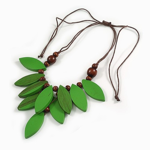 Bold Green Leaf Wooden Statement Necklace – Adjustable Brown Cord (60cm) - Picture 5 of 6