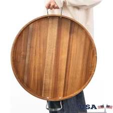 20 Inch Round Ottoman Tray W/ Handles Wooden Serving Tray Drinks Snacks Decor US