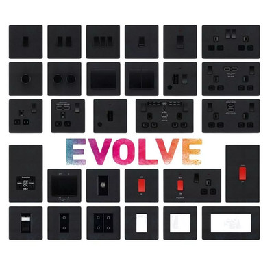BG Evolve schwarz chrom schraubenlose Schalter & Steckdosen schwarze Einsätze Full Range