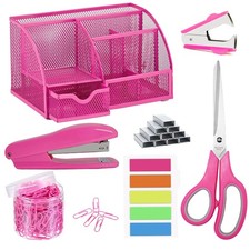 9 in 1 Pink Desk Organizers and Accessories Set, Mesh Desk Organizer with Pink S