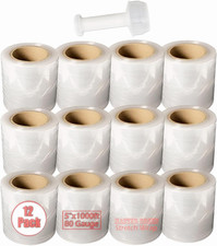 , 5" X 1000Ft 80 Gauge Pack of 12 Rolls Clear Plastic Mini Hand Stretch Shrink