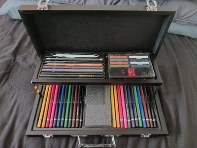 Complete Pencil Pastels & Charcoal Set in Wooden Case Multicolor Art Set