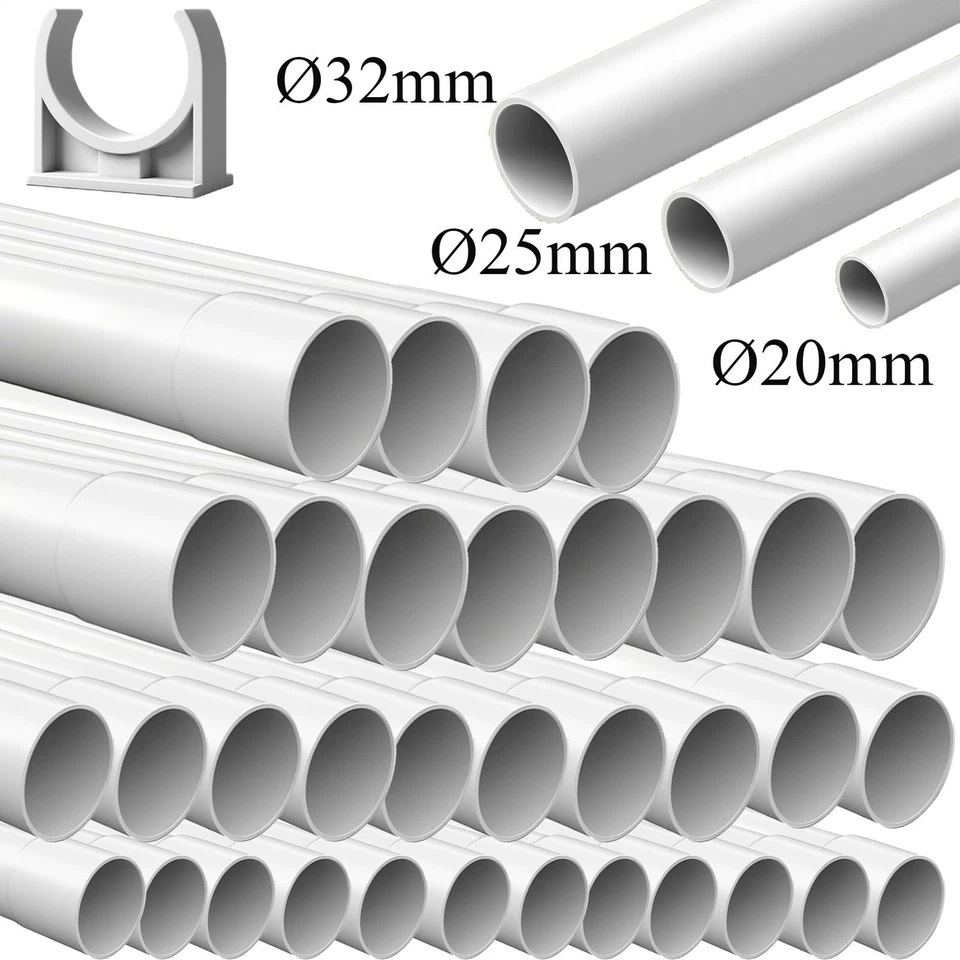 DEPMOG Elektrorohr Stangenrohr Leerrohr M20 25 32 PVC Installation Kabel Rohr+Schellen