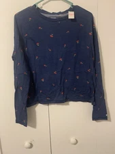 Victoria's Secret Pink Women's L Sleeve SZ XS NAVYBLUE W CHERRIES ROUNDNECK BNWT