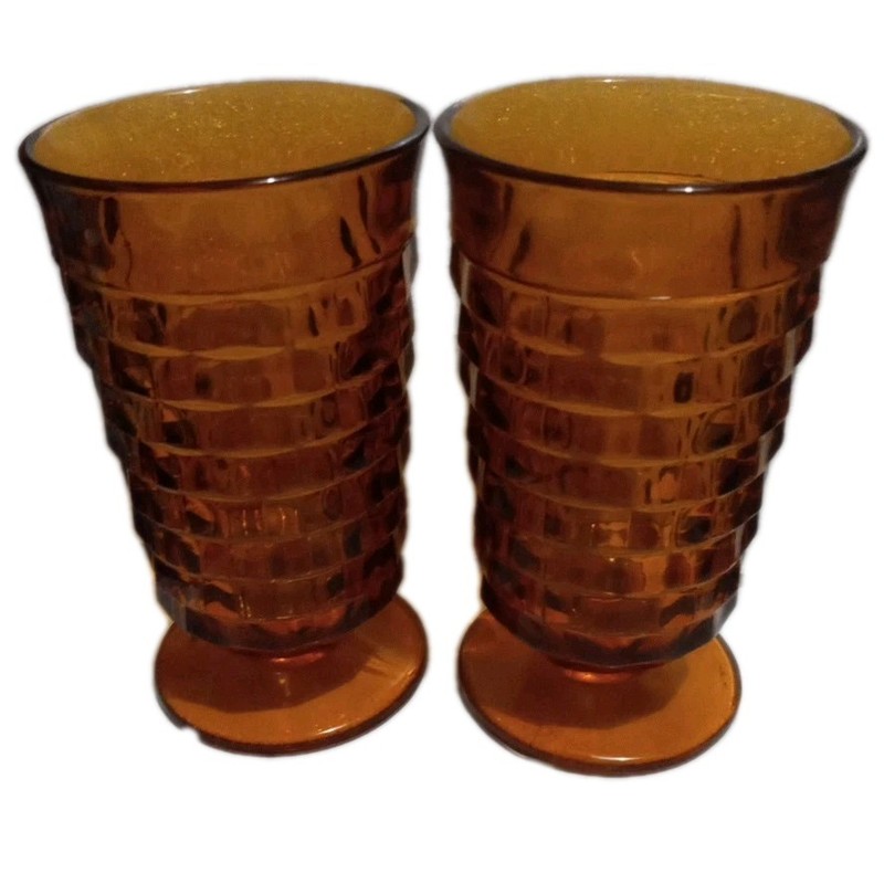 60's Indiana Glass Co Whitehall Cubist Amber 6" Pedestal Base Drinking Glasses