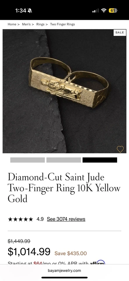 Anillo de dos dedos Saint Jude talla diamante oro amarillo real de 10K Foto 4 de 4
