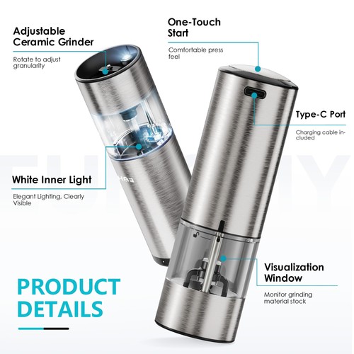 2 Pack Electric Salt and Pepper Grinder Set USB Rechargeable with LED Light a... - Picture 2 of 7