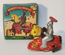 Vintage 50's Huji Japan Tin Litho Knight on Horse Mechanical Wind-Up Toy *Works*