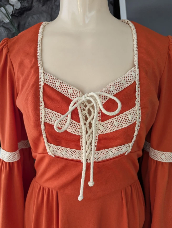Vestido Estilo Pradera Años 70 De Colección Naranja Poli Boho Renacimiento Festival Con Cordones Pequeño Foto 2 de 4