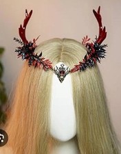 Deer Antler Headpiece Elf Deer Crown Cosplay Adult Red Gem Ribbon Fairy