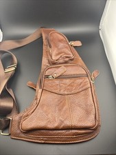 Unisex Brown Pebble Grain Leather Sling Bag Crossbody Tactical Pack Travel