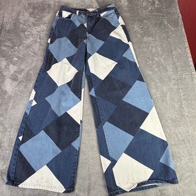 SHEIN Patchwork Wide Leg Jeans Womens 4 Blue White Geometric Diamond High Rise