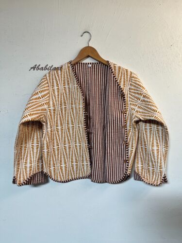 Indian Handmade Chevron Printed Cotton Quilted Jacket Vintage Reversible Jacket - Picture 6 of 7