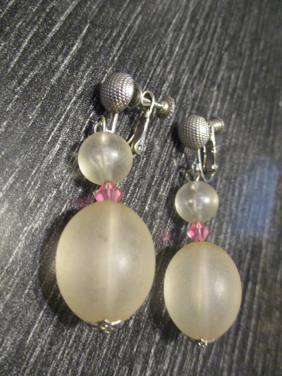 Vtg Signed Dauplause Clear Lucite Pink Crystal Drop Clip Screw Back Earrings!