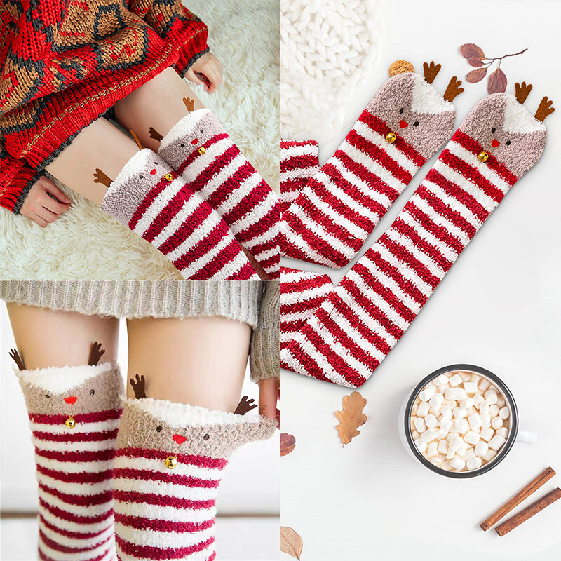 Girls Cute Animal KneeHigh Socks Coral Fluffy Fleece Warm Striped Long