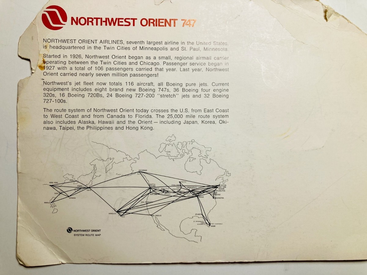 NORTHWEST ORIENT AIRLINES BOEING 747 PROMOTION CARD MCM HISTORY
