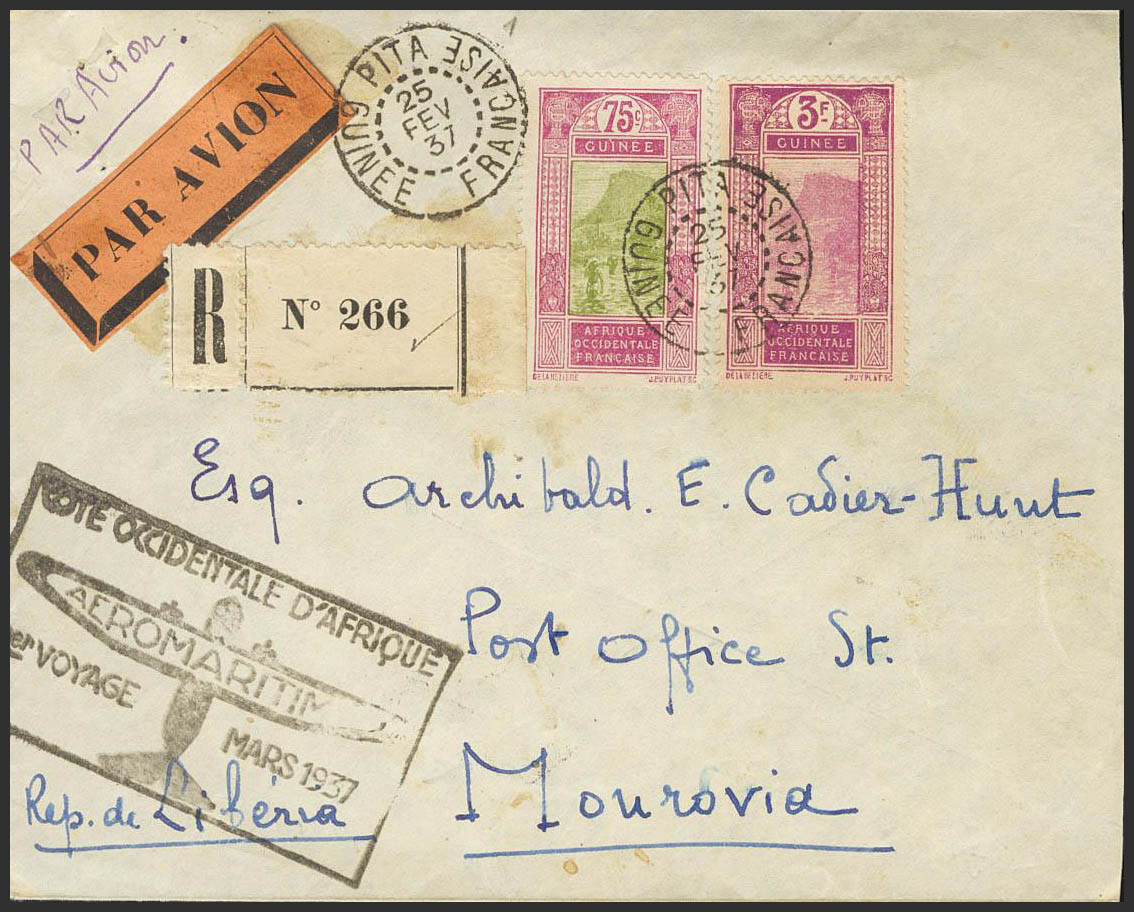 Guinea Francesa. SOBRE Yvert 110, 114. 1937. 75 cts lila rosa y verde y 3 fr li