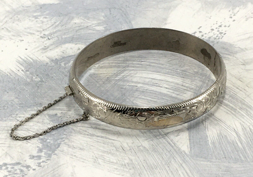 Bangle Bracelet Sterling Silver Engraved Design Vintage Safety Chain Vintage - Picture 5 of 10