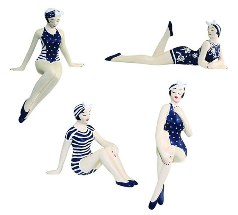 MINIATURE BATHING BEAUTY FIGURINE SET IN BLUE AND WHITE SWIMSUITS - SET OF 4