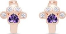 Cat Dog Paw Print Hoop Earrings Simulated Birthstone CZ 14K Rose Gold Plated