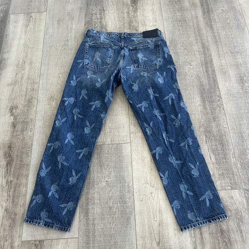 Playboy denim jeans Logo Bunny USA 32 High Rise Wide Distressed Button Fly 90s - Picture 3 of 13