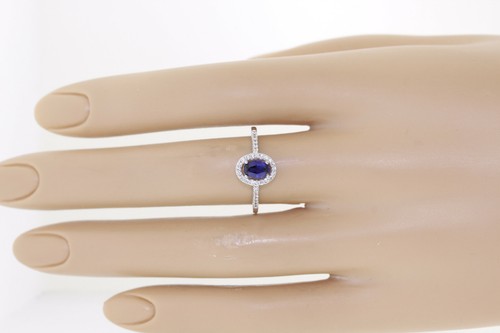 Sterling .60ct Ovale Creato IN Laboratorio Zaffiro & .16ct Diamante Rotondo Halo - Foto 2 di 7