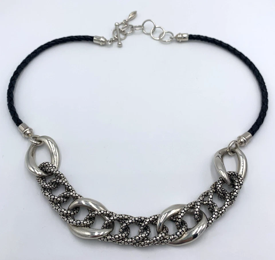 全新无标签 Michael Dawkins 纯银项链 皮革绳链 可调节 — 第 2/4 张图片