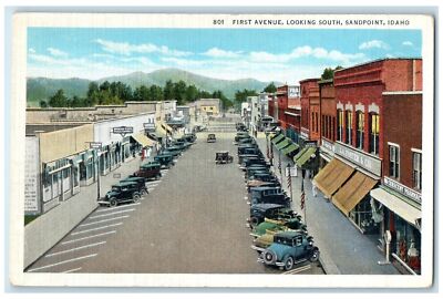 c1940's First Avenue Looking South Sandpoint Idaho ID Unposted Cars Postcard