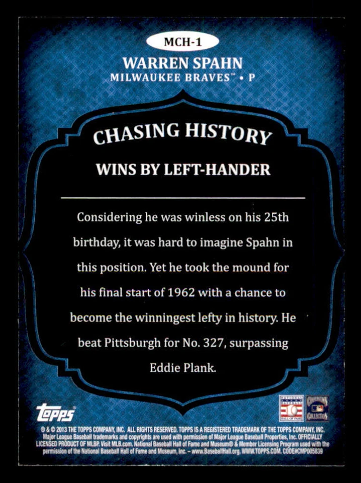 2013 Topps Mini Chasing History #MCH1 Warren Spahn - Image 2 of 2