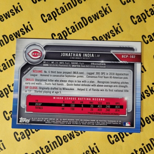 Jonathan India 2019 Bowman #12/50 Chrome Prospects Gold Shimmer Refractor SP - Imagen 3 de 3
