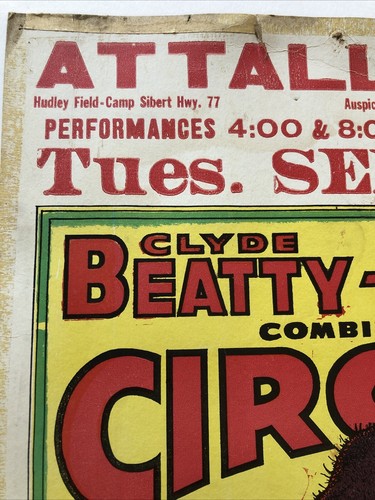 Attalla Alabama Clyde Beatty Cole Combined Circus 24x14 Original Cardboard Sign - Picture 7 of 10