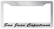Chrome METAL License Plate Frame San Juan Capistrano Cursive Auto Accessory 2645