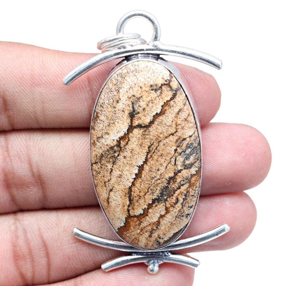 Jasper Gemstone Pendant Necklace Silver Jewelry Gift For Women 2.5 Inch