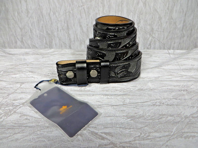 Bison Denim Black Embossed Leather Belt Western Floral Pattern 115cm 44in New