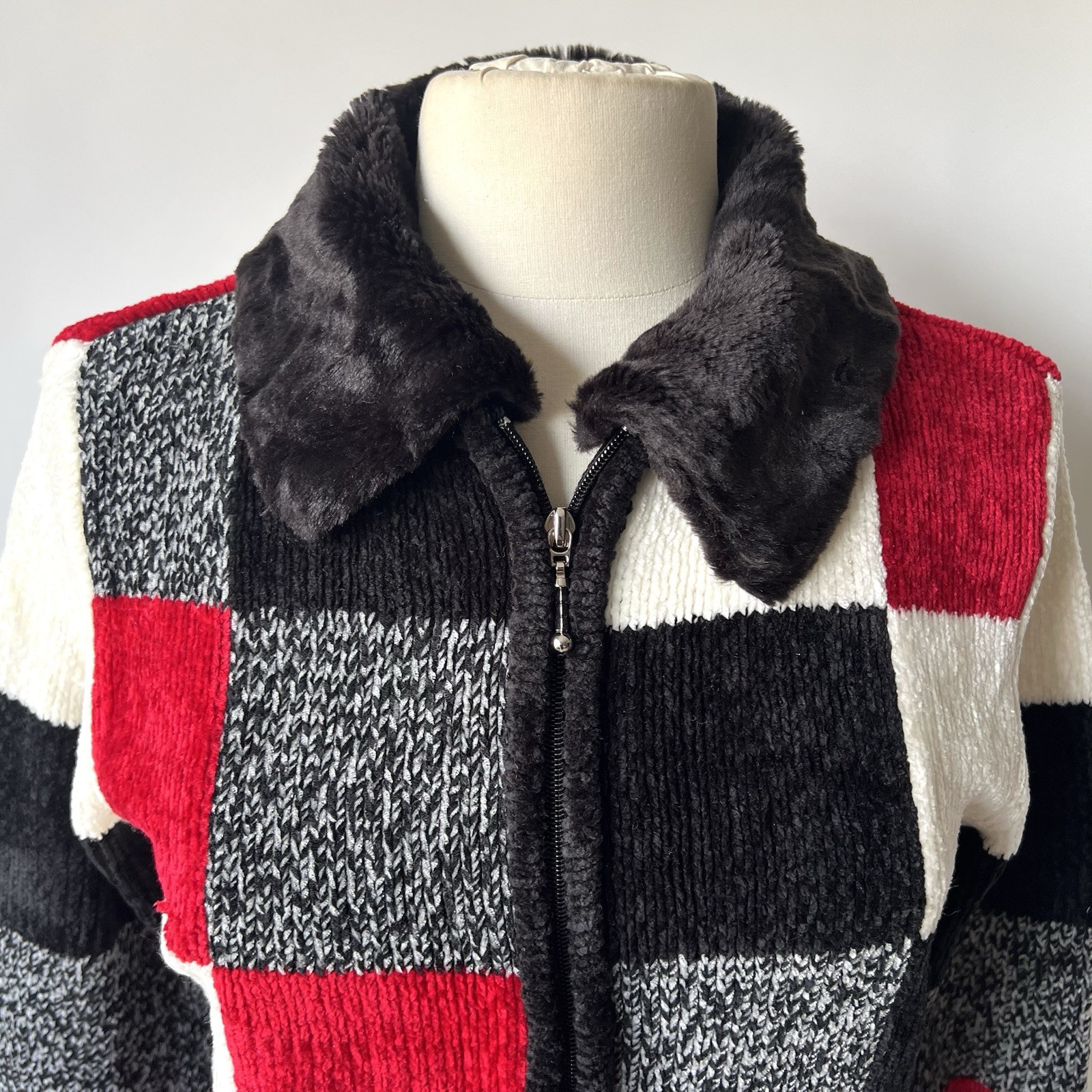 Vtg Chenille Patchwork Full Zip Jacket Sweater Sz… - image 2