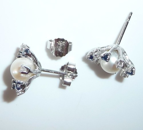 Ohrringe 585 Weißgold 0.24ct. Diamanten 0.26ct. Saphire Perle 14,0 mm 3,4gr - Picture 6 of 9