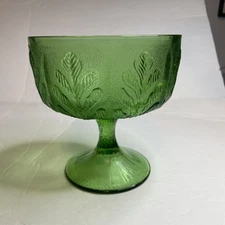 Vintage FTD 1978 Green Depression Glass Footed Pedestal Bowl Oak Leaf Pattern