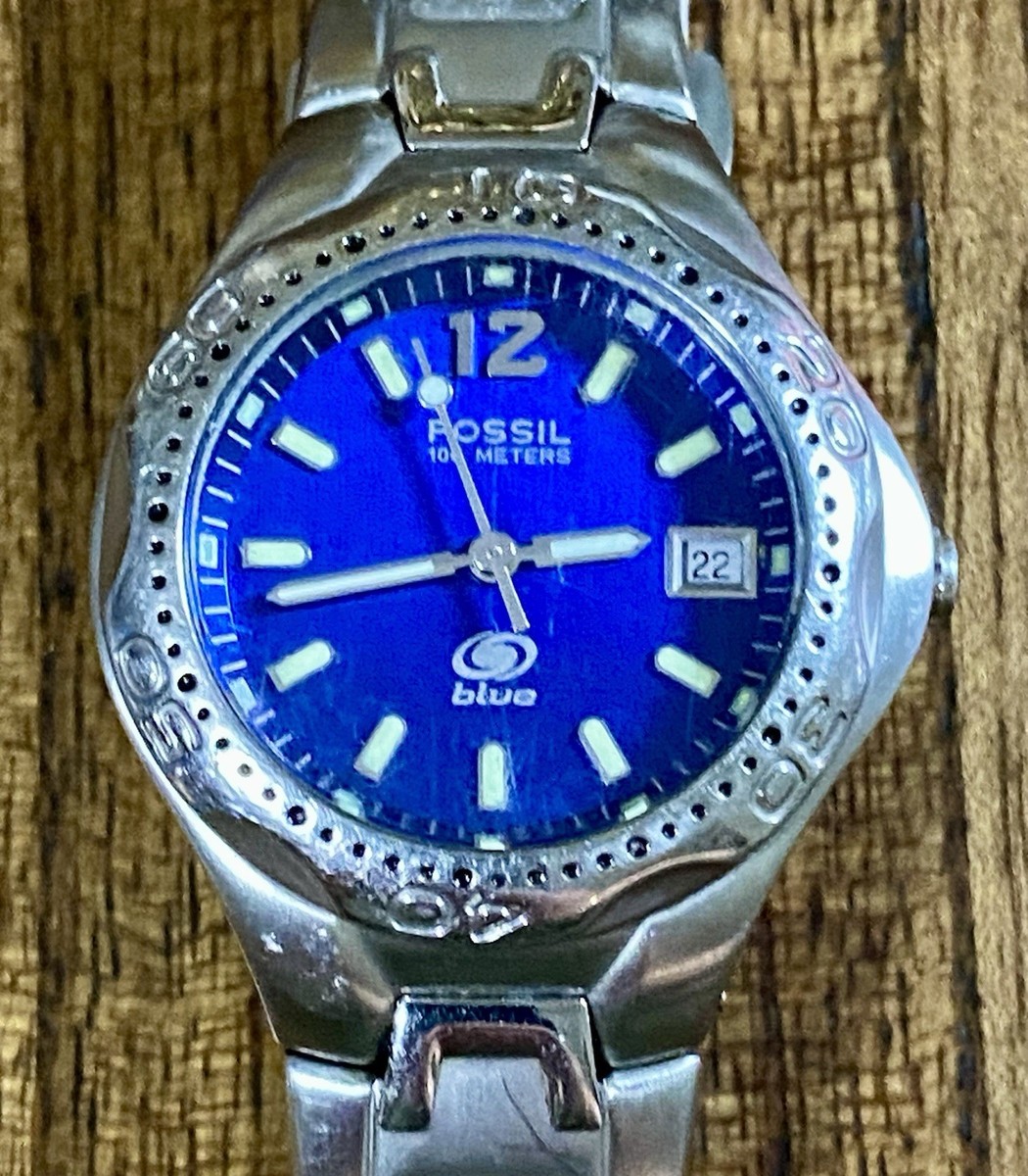Fossil Blue His & Hers Watch Set Stainless Steel Silver Tone
