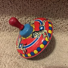 Vintage Ohio Art Metal Spinning Top Wood Handle Litho Tin Toy Zebra Circus 5  