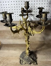 Antique French Victorian Rococo Revival Glit Bronze 5 Arm Candleabrum 20” H