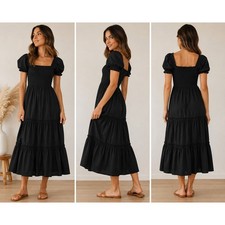 o.p.t. Black Smocked Puff Sleeve Tiered Midi Dress Women’s Medium 100% Cotton