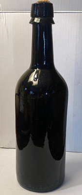 Antique 1800s Black Glass 10'' Bottle#3 Crude 3 Piece Mold, Applied Top, Punt 